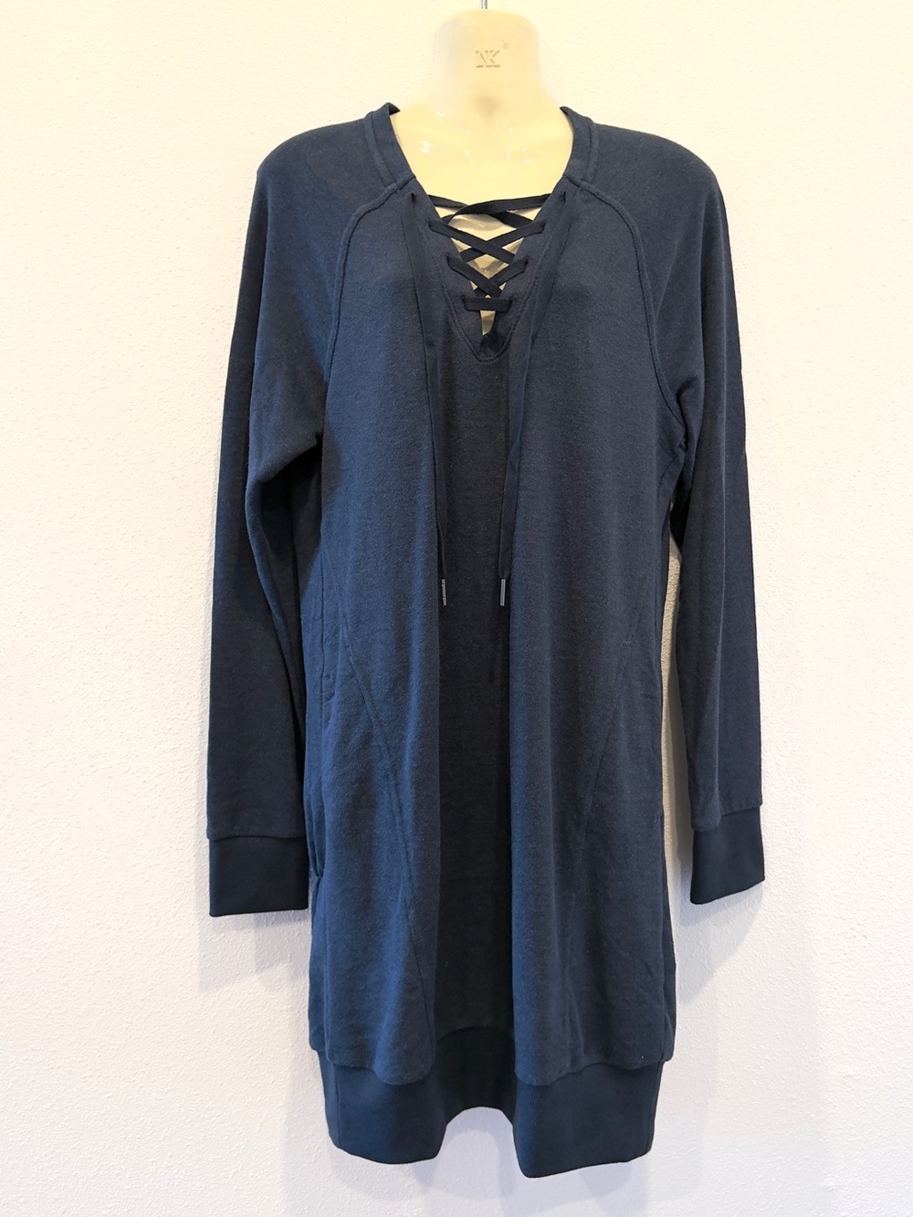PRANA Women's Cozy Up Terry Dress Nautical Blue Long Sleeve Lace Up Hemp Small